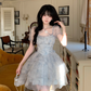 Sweet Green Princess Organza Splicing Tie Waist Printed Puffy Prom Dress Birthday Party Dress YM2047