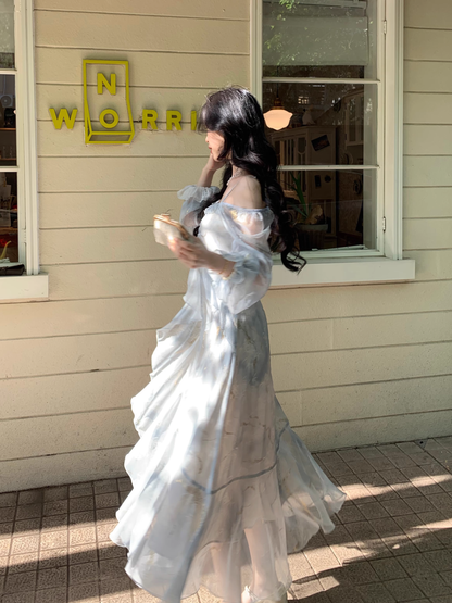 Blue Chiffon Butterfly Gold Foil Ruffle Long Sleeve Party Dress YM2025