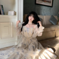 Gentle And Sweet Printed Tulle Stitching Lace Straps Party Dress YM2036