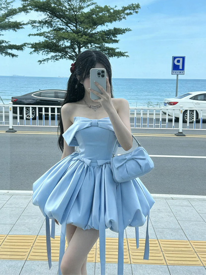 Blue Strapless Short Vacation Dress,Bow A Line Mini Princess Birthday Dress YM2463