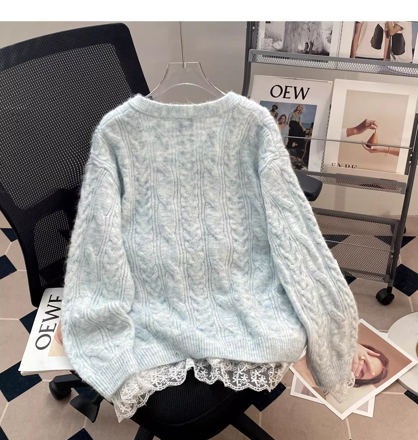 Sweet Blue Lace-trimmed Faux Two-piece Sweater With Tie Bow YM2447