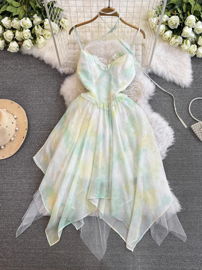 A-line irregular chiffon print dress seaside holiday beach dress YM1046