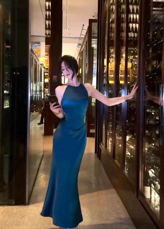Sexy Navy Blue Satin Mermaid Long Prom Dress Birthday Outfits YM2064