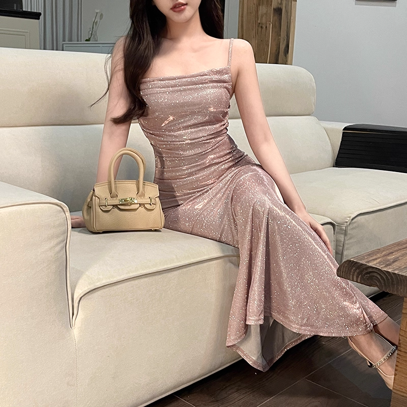 Sparkly Straps Sheath Mermaid Long Birthday Dress Pink Holiday Dress Vacation Dress YM2268