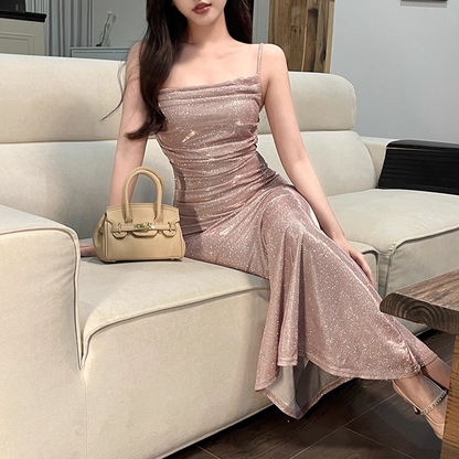 Sparkly Straps Sheath Mermaid Long Birthday Dress Pink Holiday Dress Vacation Dress YM2268