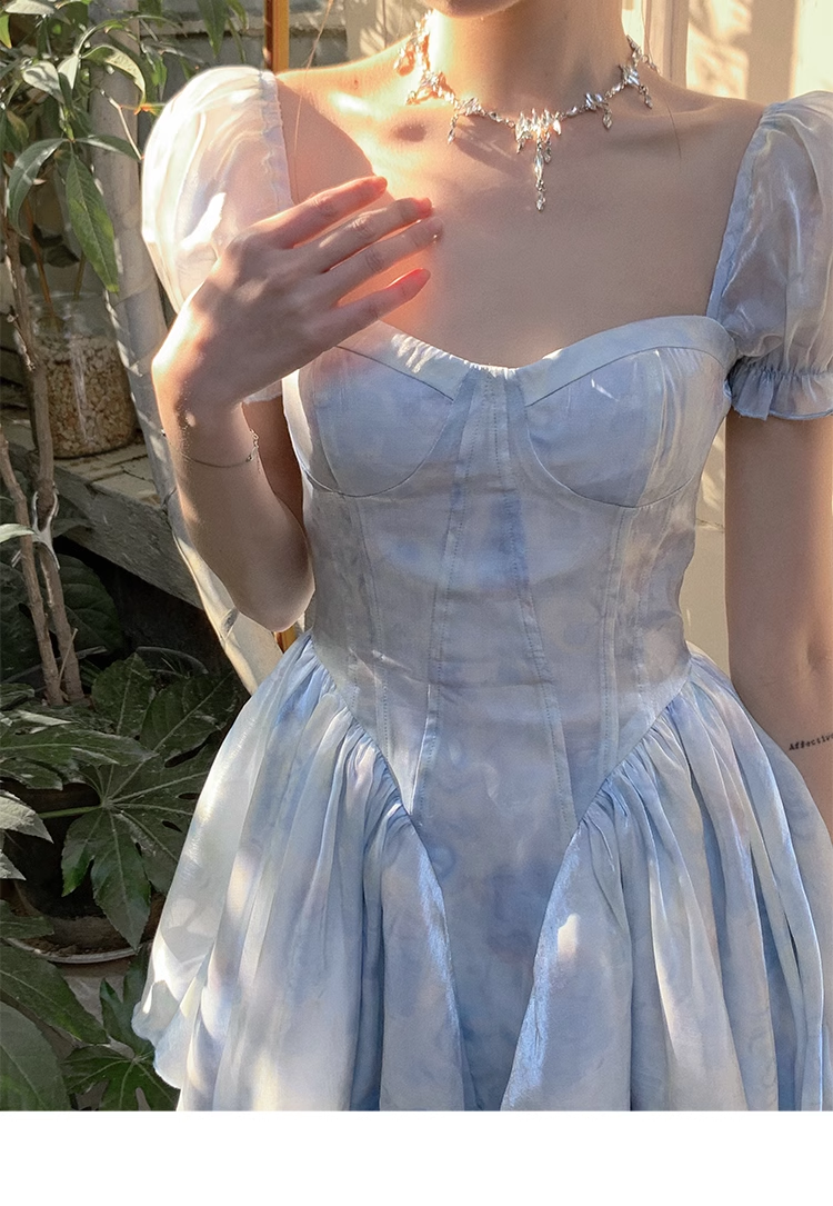 Blue Short Sleeves Spaghetti Straps Birthday Party Dress YM1972