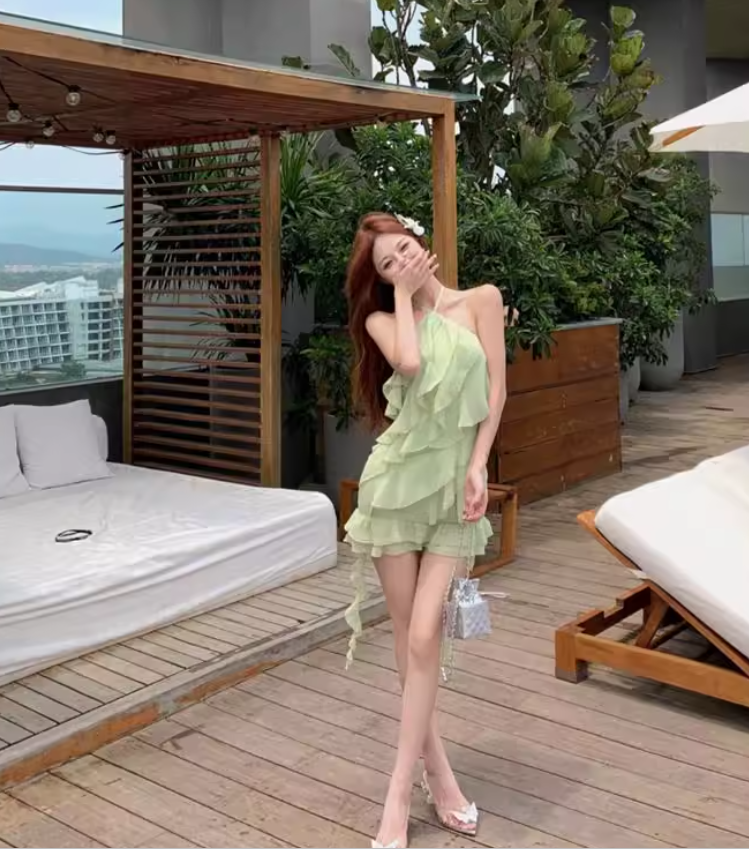Mint Green Ruffle Chiffon Suspender Dress Summer Halter Neck Tube Vacation Dress YM2332
