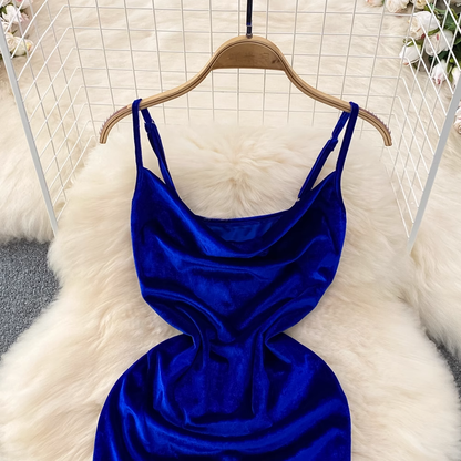 Royal Blue Spaghetti Straps Velvet Holiday Dress YM291