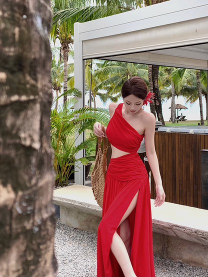 Off-shoulder Sleeveless Red With Hollow Slit A-line  Long Holiday Dress Vacation Dress YM2110