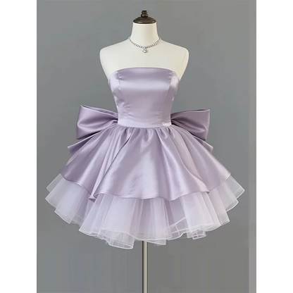 Sweet Purple Strapless Satin Tulle A Line Short Birthday Dress With Bow YM2460