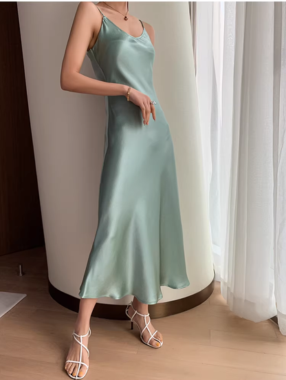 Simple Bean Paste Green Satin Long Party Dress Birthday Outfits YM2433