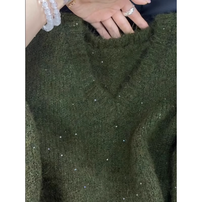 Stunning Dark Green Sequined V-neck Mohair Sweater YM1857