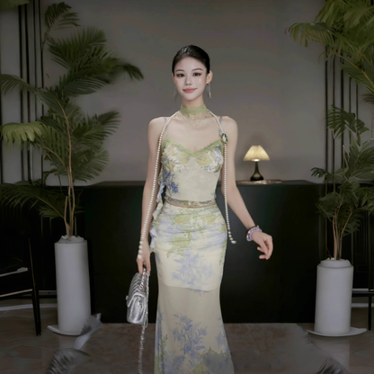 New Chinese Style Green Suspender Two-piece Summer Mermaid Holiday Dress Vacation Dress YM2263