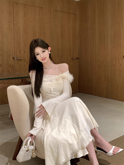 Women's new style one-shoulder long-sleeved dress with lace birthday dress YM1938