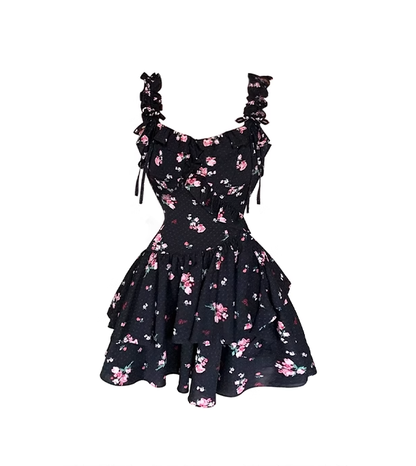 Retro Black Floral Short Dress Vacation Dress YM2315