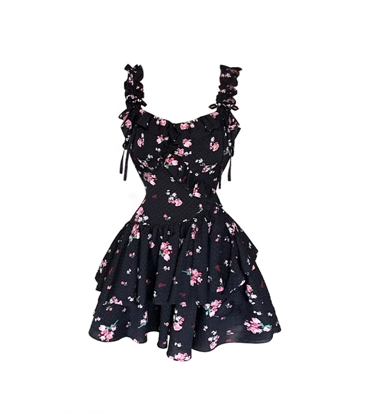 Retro Black Floral Short Dress Vacation Dress YM2315