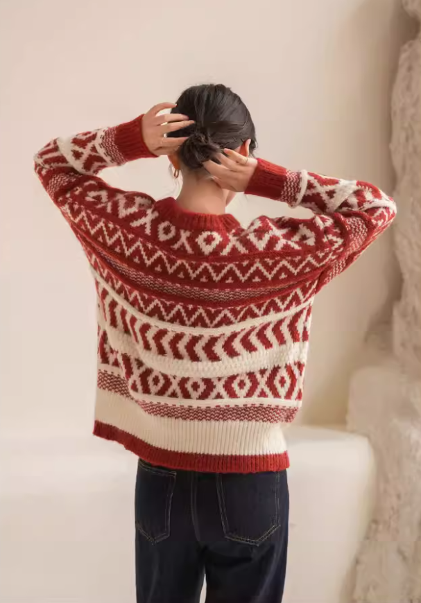 Retro Red New Year Sweater, Thick Christmas-style color-blocked Knitwear YM2417
