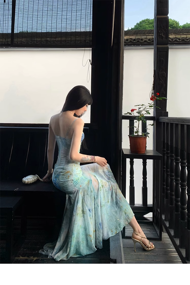 Charming Spaghetti Straps Smudge Dyed Print Mermaid Prom Dress Long Evening Dress YM1992
