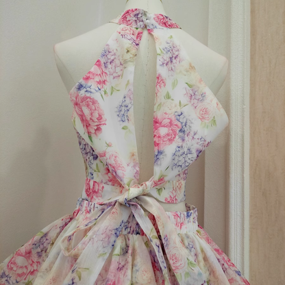 New Arrival Backless Lace-up Printed Halter Top + High Waist Ruffled Dress YM2098