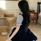 Preppy Style Fake Two-Piece Navy Blue Puff Sleeve Suspender Waist Party Dress YM2039