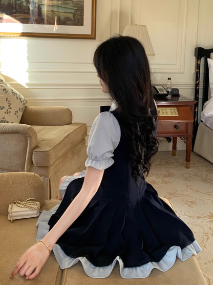 Preppy Style Fake Two-Piece Navy Blue Puff Sleeve Suspender Waist Party Dress YM2039