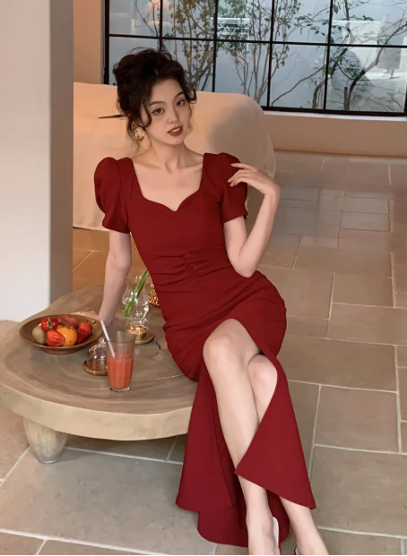Fashion short sleeves party dress mermaid slit evening dress YM1957