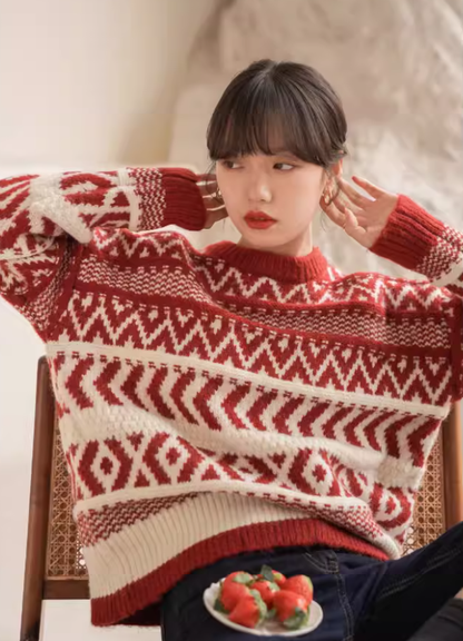 Retro Red New Year Sweater, Thick Christmas-style color-blocked Knitwear YM2417