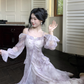 Purple Chiffon Butterfly Gold Foil Ruffle Long Sleeve Party Dress YM2024