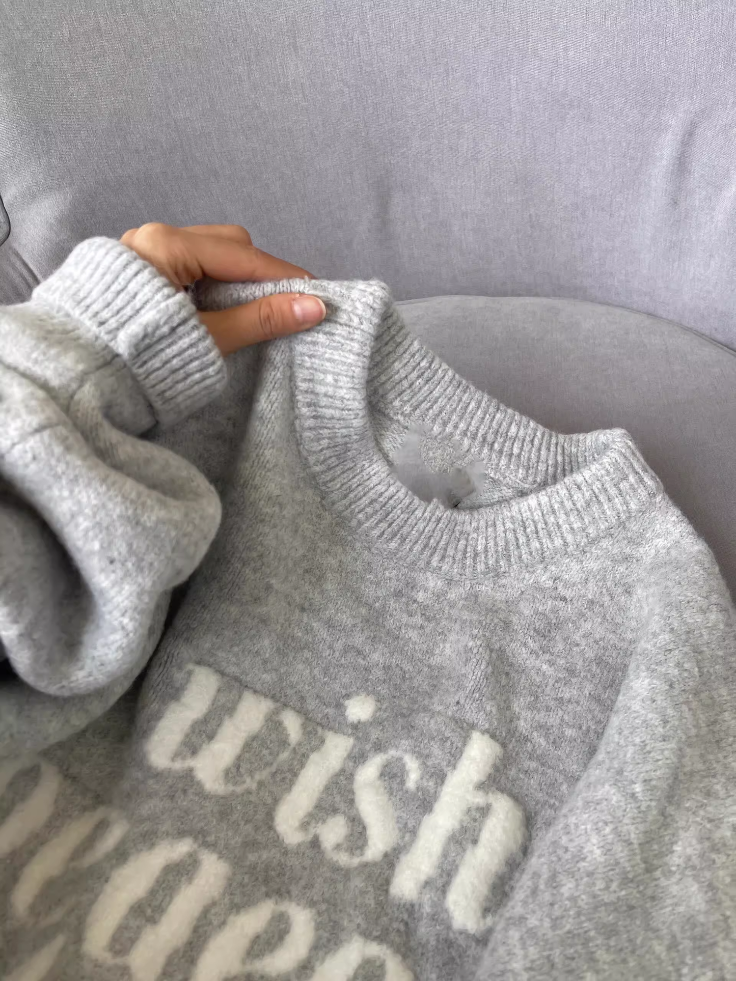 Retro Letter Jacquard Gray Sweater Round Neck Soft Knitted Sweater YM2394