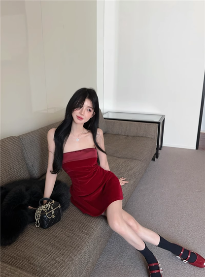 Beautiful Burgundy Velvet Strapless Cocktail Dress A-Line Mini Birthday Dress YM1835