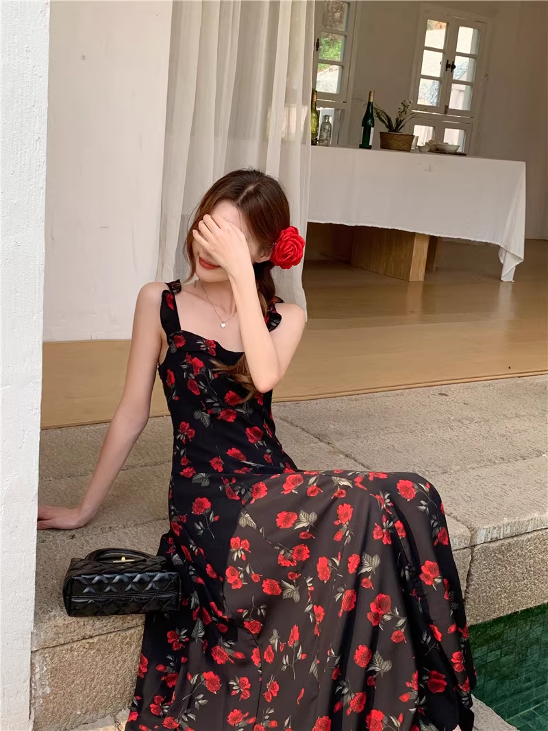 Women's summer black rose floral suspender dress YM1173