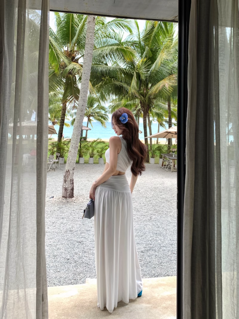 Off-shoulder Sleeveless White With Hollow Slit A-line  Long Holiday Dress Vacation Dress YM2109