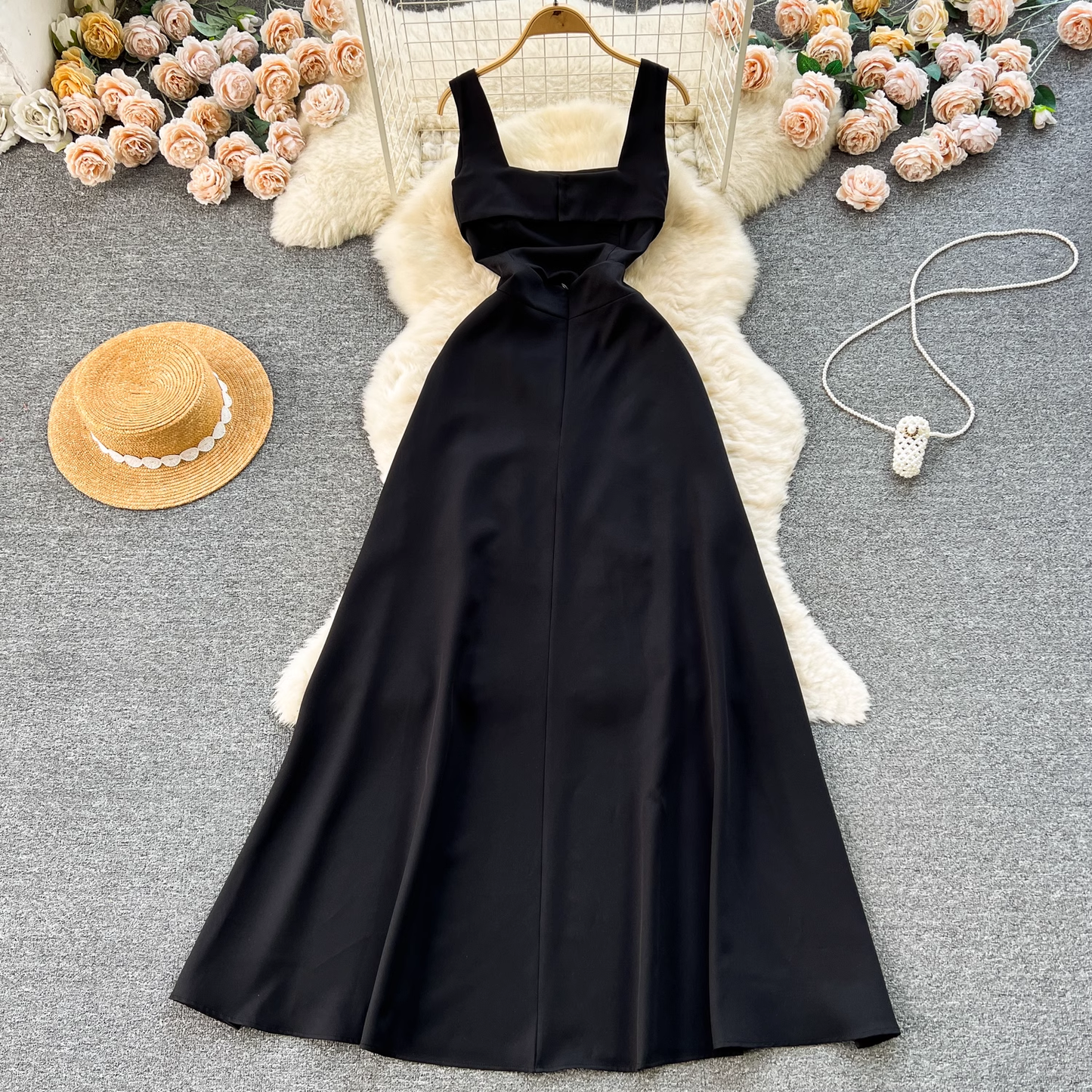 Black A-line Square Neckline Dress YM1210