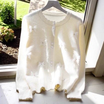 Pink Butterfly Sweater Jacket Sweet Long Sleeve Knitted Cardigan YM2376