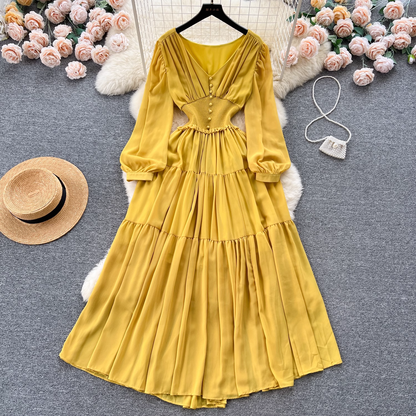 Elegant V-neck long-sleeved waist chiffon dress YM305