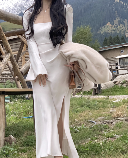 White Suspender Dress Sheath Satin French Long Dress YM2053
