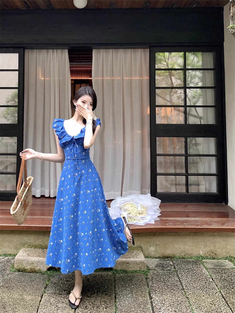 Blue Floral V Neak A Line Party Dress YM1834