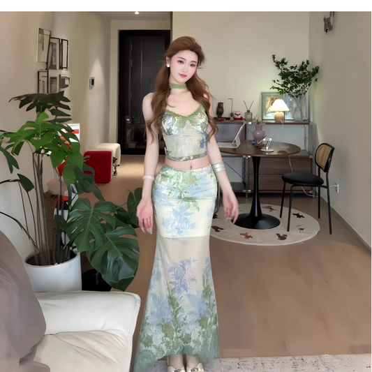 New Green Spaghetti Straps Mermaid Vacation Dress Long Party Dress Two Piece YM2241