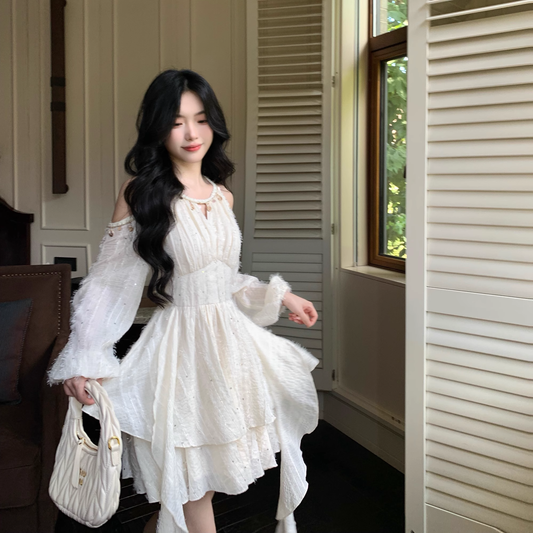 Off-Shoulder Sequin Sweet Retro Temperament Mini Party Dress YM2041