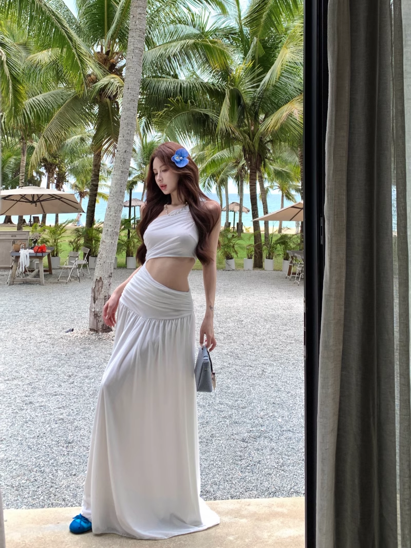 Off-shoulder Sleeveless White With Hollow Slit A-line  Long Holiday Dress Vacation Dress YM2109