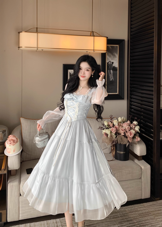 Blue French Square Neck Long Dress Fairy Glossy  Party Dress Prom Dress YM2028