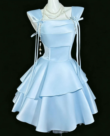 Blue Satin A Line Short Birthday Dress Vacation Dress YM2456