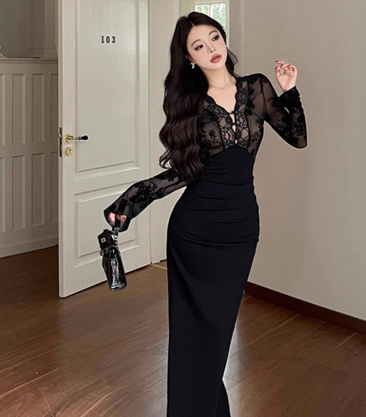 Sexy Black Lace Long Sleeveless Slit Long Holiday Dress Birthday Dress YM2243