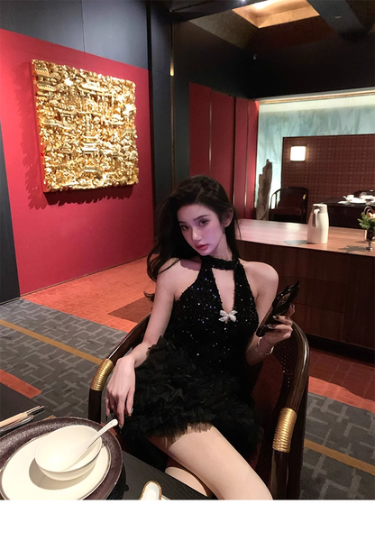 Halter V Neck Black Sequins Backless Party Dress Sexy Birthday Outfits YM1981