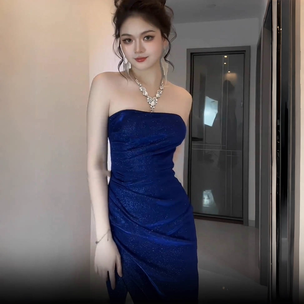 Sparkly Blue Strapless High Slit Long Party Dress Birthday Dress YM2207