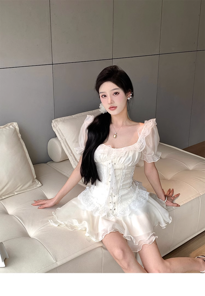 White Lace Tulle Birthday Princess Dress With Puff Sleeves YM1977