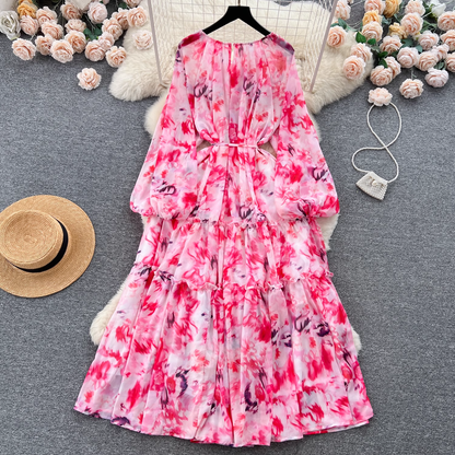 Puff sleeves, tie waist, long chiffon floral skirt, vacation dress YM611