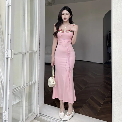 Black Suspender Holiday Dress Sexy Embroidered Sheath Long Birthday Dress YM2266