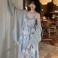 Blue High Waist Ruffled Sequin Print Floral Straps Birthday Party Dress YM2029