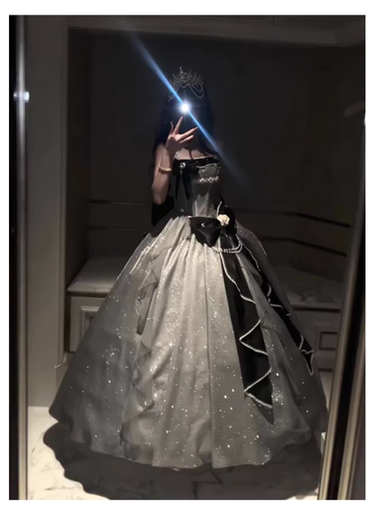 Charming Silver Gray Long Evening Dress Lolita Birthday Party Dress YM2141
